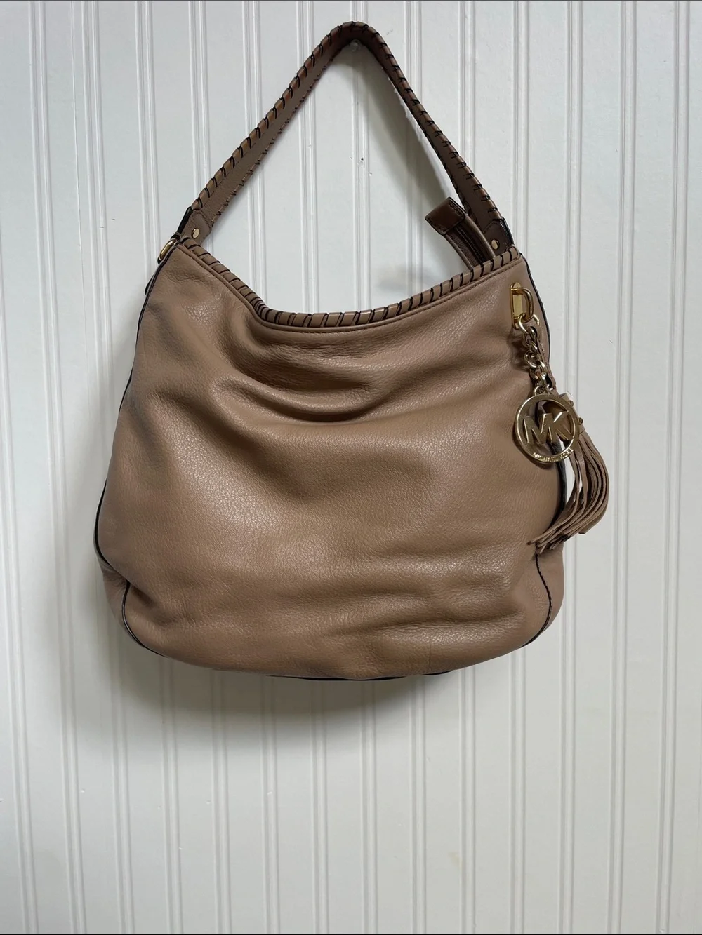 Michael Kors Beige Leather Hobo with Braided Strap & Tassel Charm